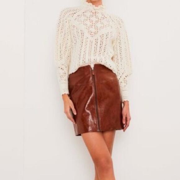 Ba&sh Melba Cognac Brown Lamb Leather Zip Front Mini Skirt M NWT $475 - Picture 2 of 13